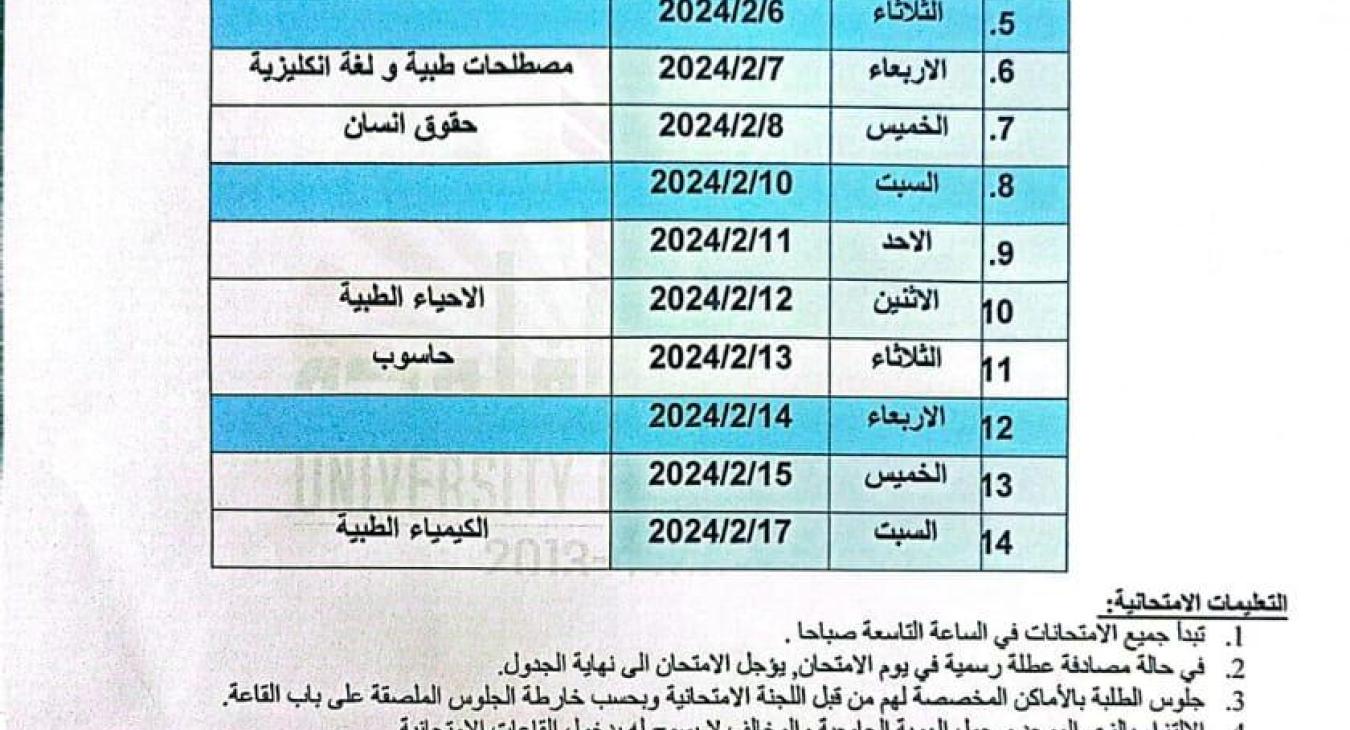 Final exam schedule for the first semester