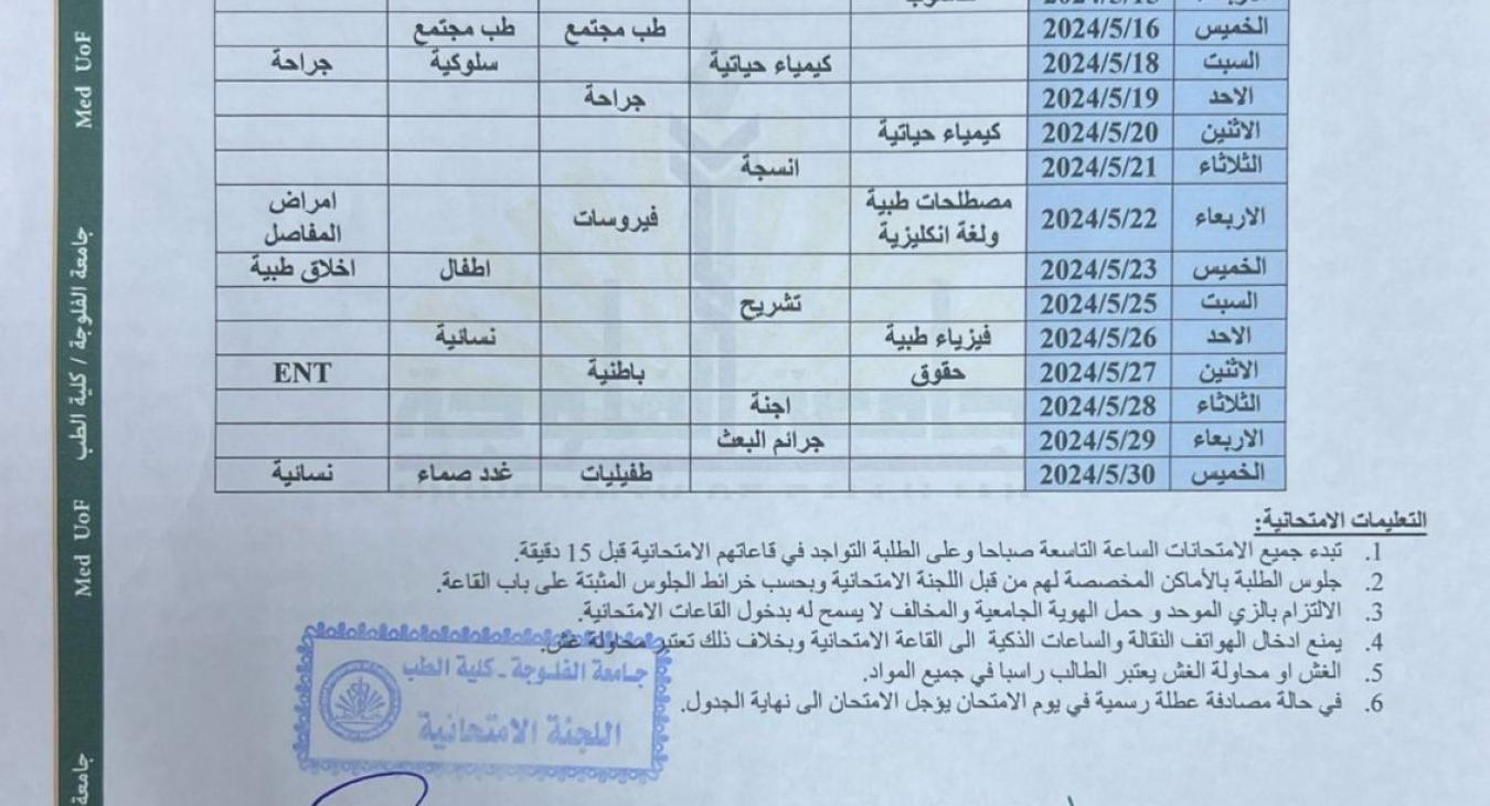 Final exam schedules for the second semester